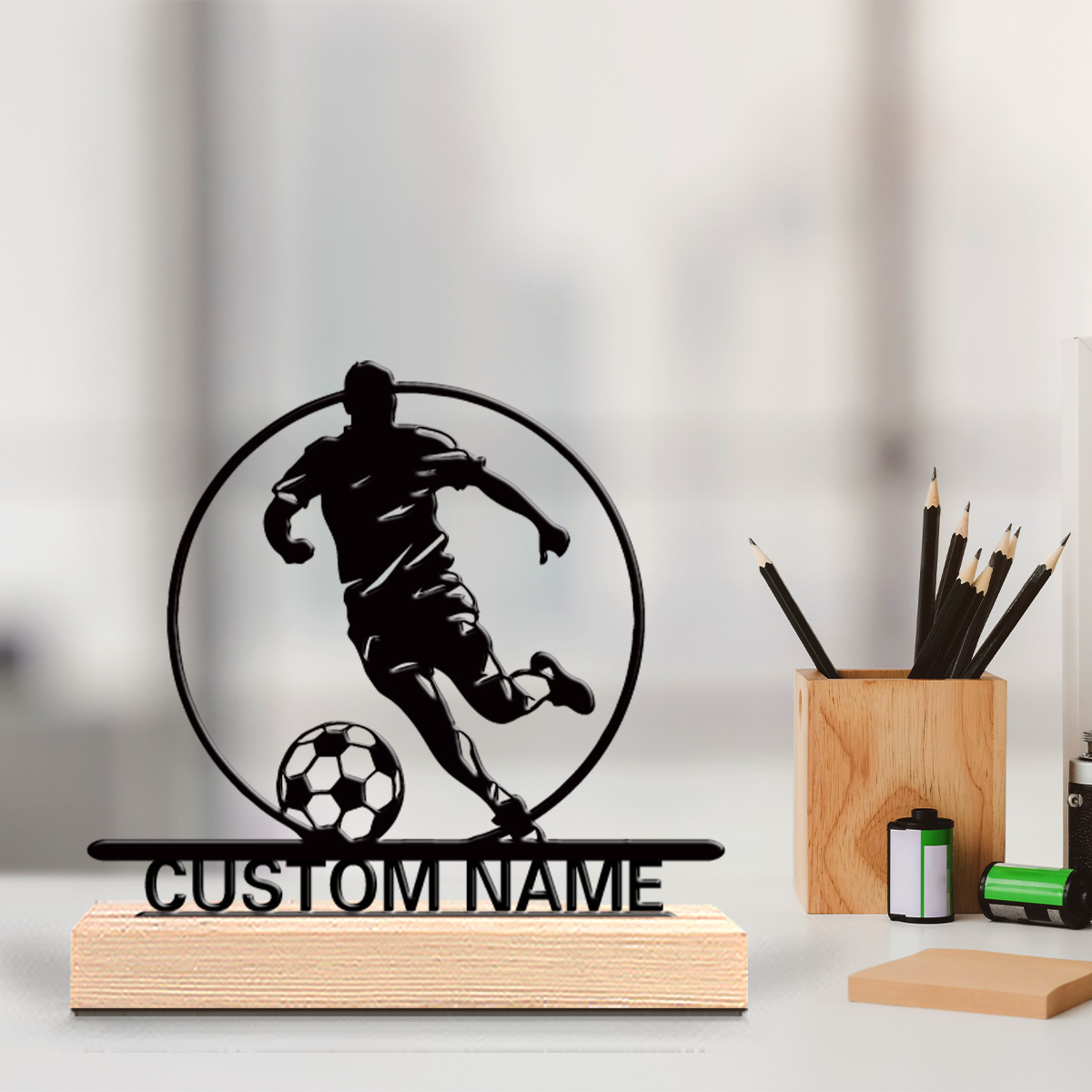 Office Furniture Home - İsme Özel Metal Futbolcu Heykeli, Ahşap